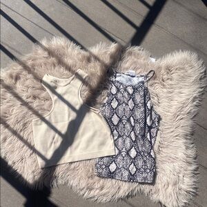 Cream Ribbed Tank & Black-White Snake Print Cami Set